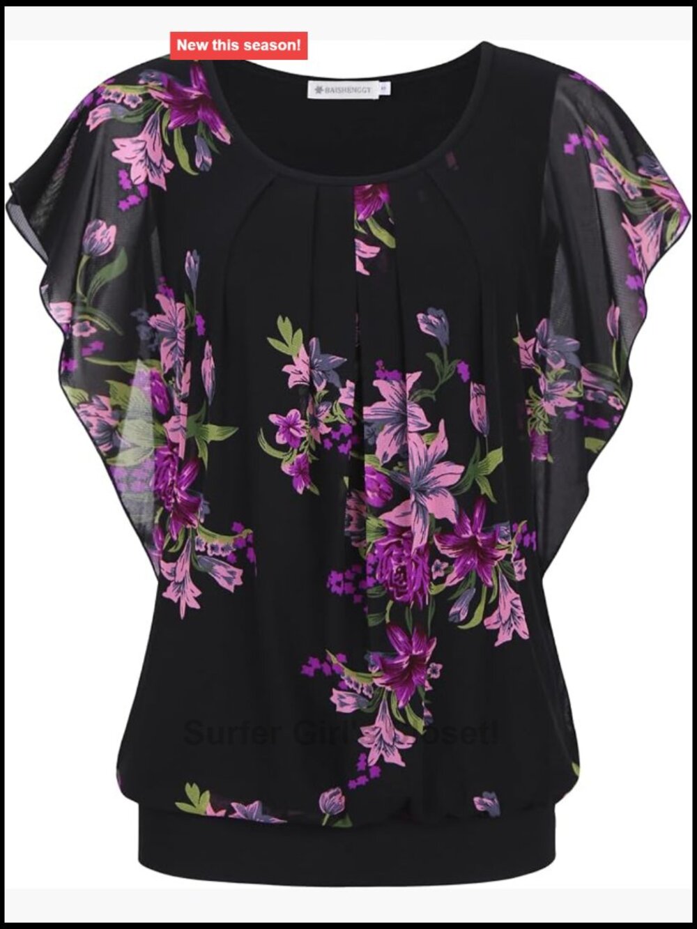 Womens Flutter Short Sleeve Pleated Mesh Blouse Dressy Casual Summer Top